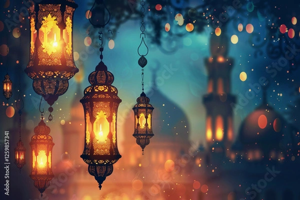 Fototapeta Beautiful greeting card with holiday composition for happy celebrate Ramadan, abstract vivid composition consists of fictional unreal fantastic vision on background