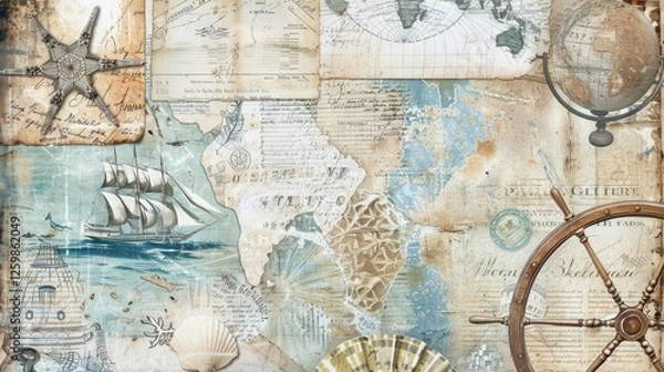 Obraz Marine background with old map, steering wheel, seashells and compass