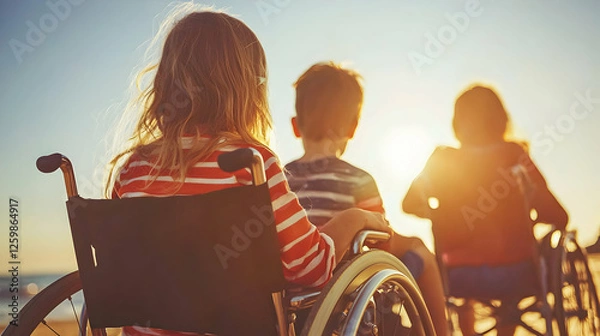 Obraz Sunset Serenity: Children in Wheelchairs Enjoying Beach View