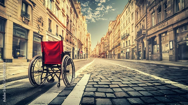 Obraz A Red Wheelchair on an Empty Cobblestone Street in Europe