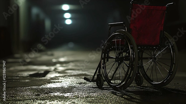 Obraz Night's Solitude: An Abandoned Wheelchair Under the Gloom of Night
