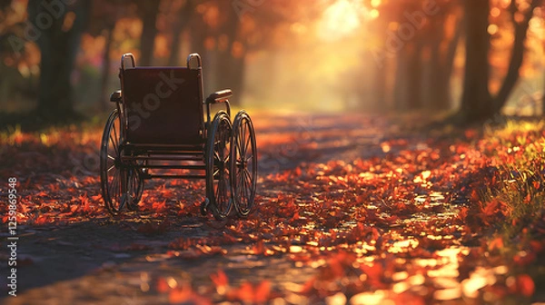 Obraz Autumnal Solitude: A Wheelchair on a Leaf-Strewn Path