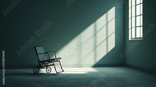 Obraz Solitary Wheelchair in a Sunlit Room: A Study in Isolation and Abandonment