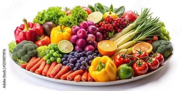Fototapeta Fresh mixed fruit and vegetable platter arranged on a white background, showcasing an assortment of colorful produce in perfect harmony, food arrangement, still life