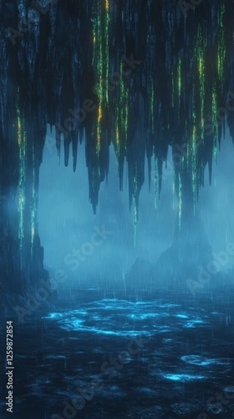 Obraz A mystical cave with glowing stalactites and shimmering water, enveloped in a serene blue mist, creating an enchanting atmosphere.