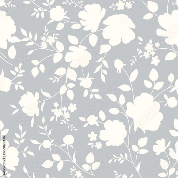 Obraz Seamless pattern with abstract garden flower, stem, bud and leaf silhouette. Gray background with blossoming flower. Vintage floral hand drawn wallpaper. Vector stock illustration.