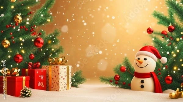 Fototapeta A Christmas illustration with a Christmas tree in the corner, a gift box and a snowman. A festive winter poster with a place for text in the middle.