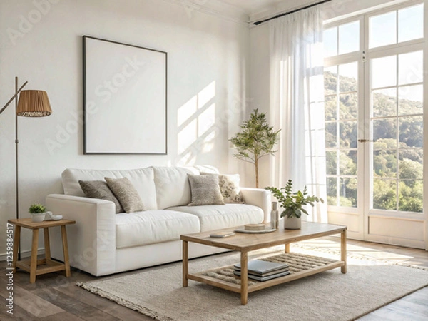 Fototapeta A bright and airy living room featuring a white sofa, a large window with a nature view, and minimalist decor.