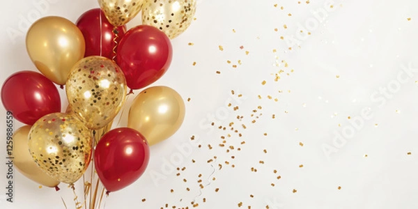 Fototapeta festive arrangement of gold and red balloons with confetti on white background