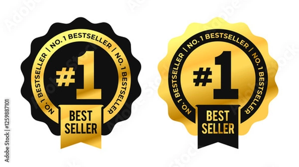 Obraz Number 1 Best seller vector badges with ribbon. Luxury elegant black and gold labels. For icon, logo, sign, seal, symbol, stamp, sticker. Vector illustration