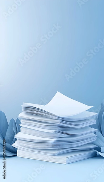 Obraz Stack of papers on a blue background used for office work or paperwork