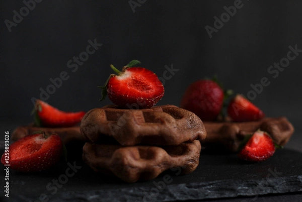 Fototapeta dessert pastry chocolate waffles with strawberries on a dark background