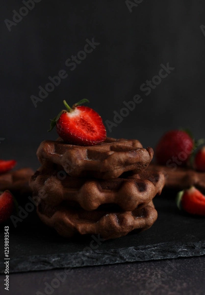 Fototapeta dessert pastry chocolate waffles with strawberries on a dark background