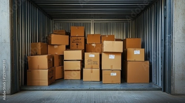 Fototapeta Open Storage Unit with Cluttered Interior and Cardboard Boxes