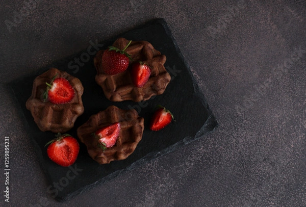 Fototapeta dessert pastry chocolate waffles with strawberries on a dark background