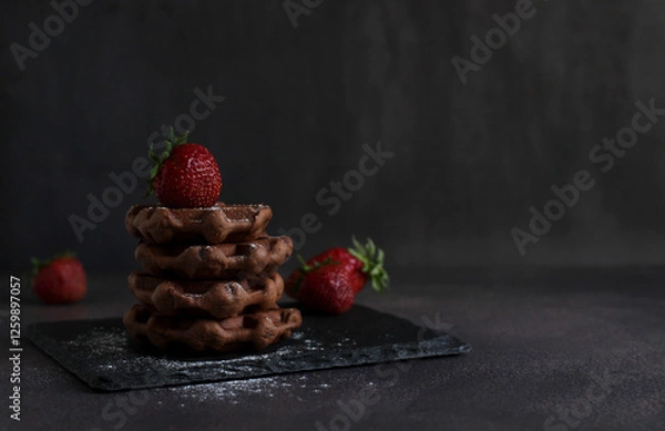Fototapeta dessert pastry chocolate waffles with strawberries on a dark background