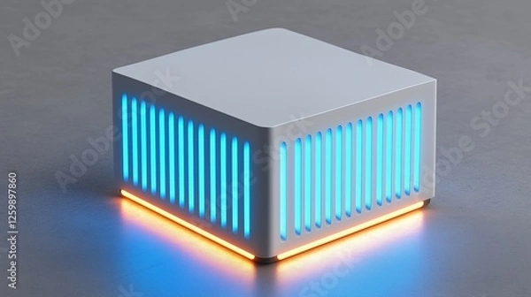 Obraz Futuristic glowing server unit with blue and orange neon lights on a reflective surface. High-tech data storage and processing. Advanced computing