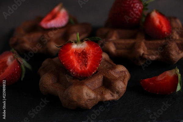 Fototapeta dessert pastry chocolate waffles with strawberries on a dark background