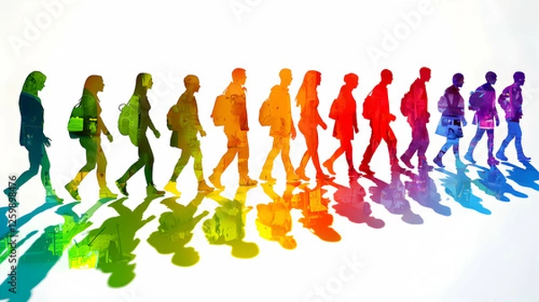Obraz Rainbow Walkers: A vibrant illustration of a diverse group of people walking in a colorful procession, casting rainbow-hued shadows.