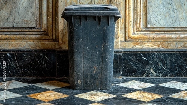 Fototapeta A black trash bin positioned against an ornate marble wall in an elegant indoor setting