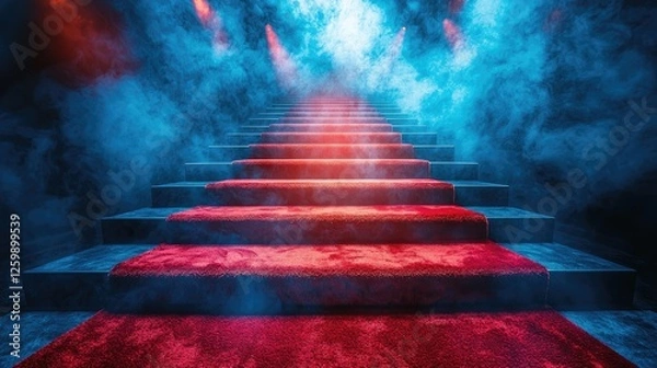 Fototapeta A dramatic staircase with red carpet leading upwards, surrounded by colorful fog and lights