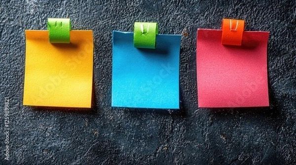 Fototapeta Colorful sticky notes in vibrant hues attached to a textured dark surface, ideal for reminders