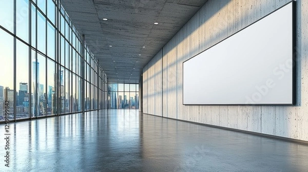 Fototapeta Modern empty gallery space with large blank screen, showcasing city skyline through glass walls
