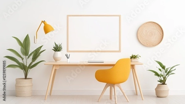 Fototapeta Modern minimalist workspace featuring a yellow chair, desk, plants, and empty frame on wall