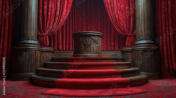 Fototapeta Elegant stage setup with red curtains and wooden podium, perfect for performances or events
