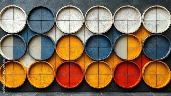Fototapeta Colorful circular wall design featuring arranged concrete containers in a modern setting