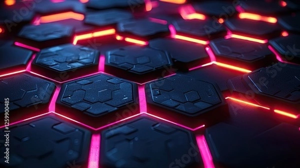 Fototapeta Close-up of futuristic hexagonal tiles with glowing neon edges, creating a sci-fi atmosphere