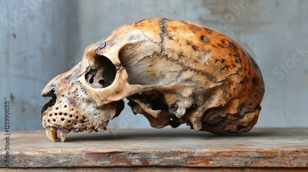 Fototapeta Detailed view of an ancient animal skull on a wooden surface, showcasing intricate textures and colors