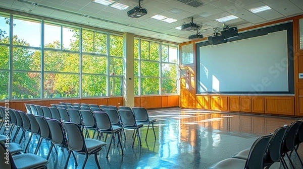 Fototapeta Brightly lit conference room with rows of chairs facing a large screen and windows showcasing nature