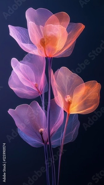 Fototapeta Ethereal blossoms in soft hues of pink and orange against a dark background, creating a serene atmosphere