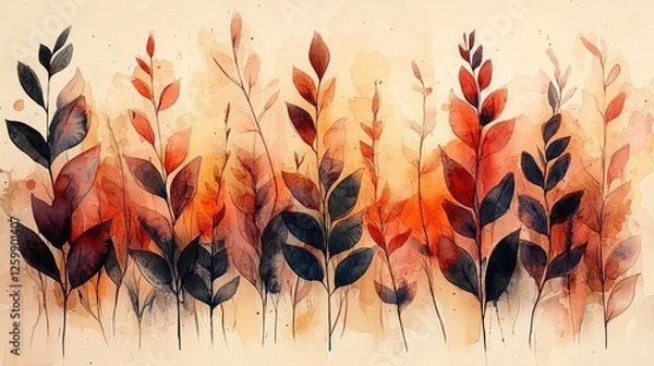 Fototapeta Vibrant watercolor illustration of autumn leaves in warm hues, creating a serene backdrop for design