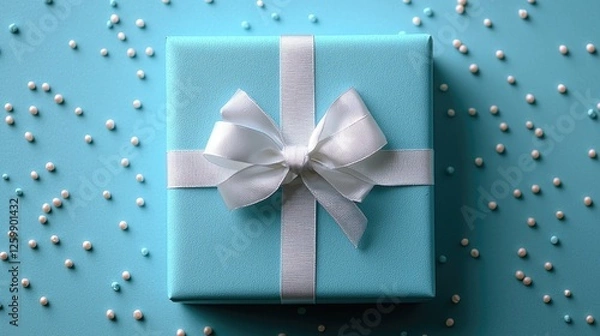Fototapeta A beautifully wrapped turquoise gift box adorned with a white ribbon on a blue background scattered with colorful beads