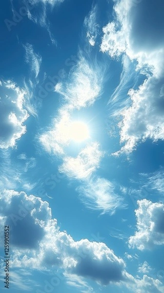 Fototapeta Bright blue sky with fluffy clouds swirling around the sun on a clear day, serene atmosphere