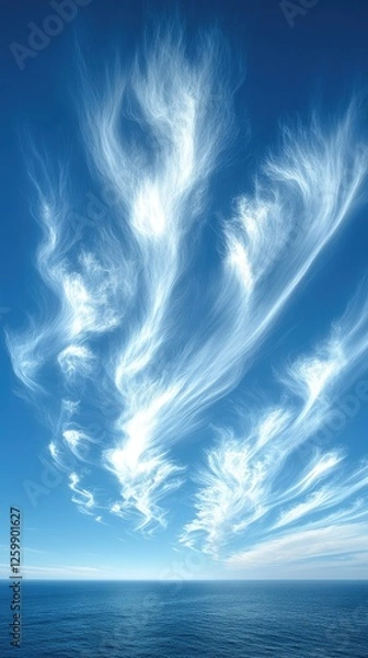 Fototapeta Serene Sky with Wispy Clouds Over Calm Ocean at Sunset, Ideal for Tranquil Nature Themes