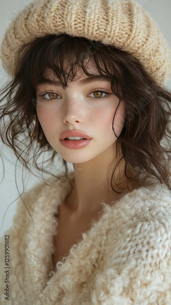 Fototapeta Young woman with soft features wearing a cozy sweater and hat, posing against a neutral backdrop