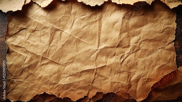 Fototapeta Crumpled brown paper texture on wooden surface, ideal for backgrounds and vintage designs
