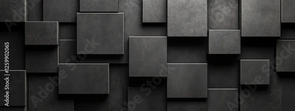 Fototapeta Clean black squares and curves on a dark background. Geometric design for banner template with white space in the center for text. Modern minimalist wallpaper with copy space.