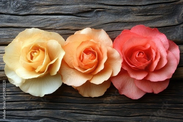 Fototapeta Three vibrant roses in soft colors arranged on a rustic wooden surface, showcasing natural beauty
