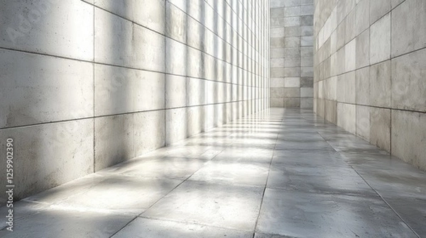 Fototapeta Modern concrete corridor with light beams creating shadows on the polished floor