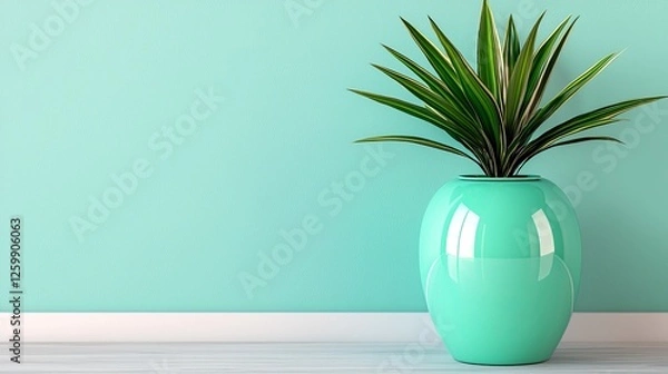 Fototapeta  a green vase with a plant in it sitting on the floor in front of a wall The vase is a vibrant green color and the plant is a lush green, adding a splash of color t