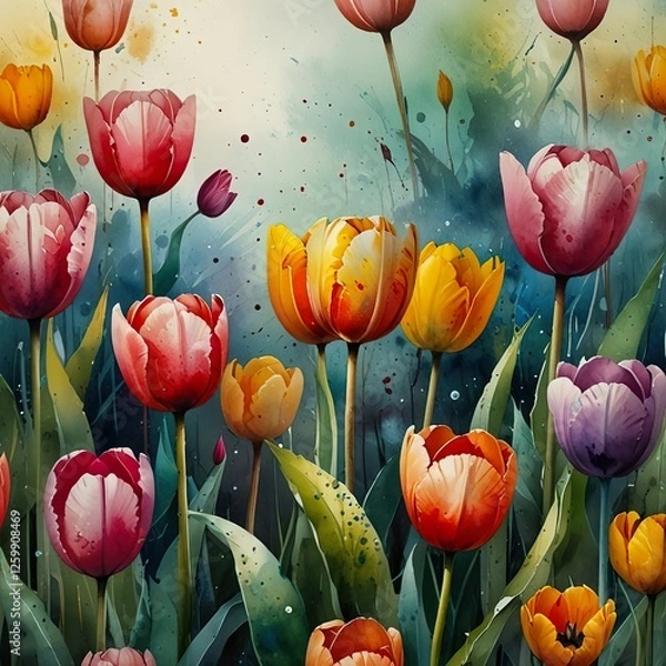 Fototapeta Watercolour painting of an abstract colourful tulips and grass. Tranquil gardenscape. Delicate background. Celebrating of spring. Floral template. Bright drawing poster. Modern field meadow wallpaper

