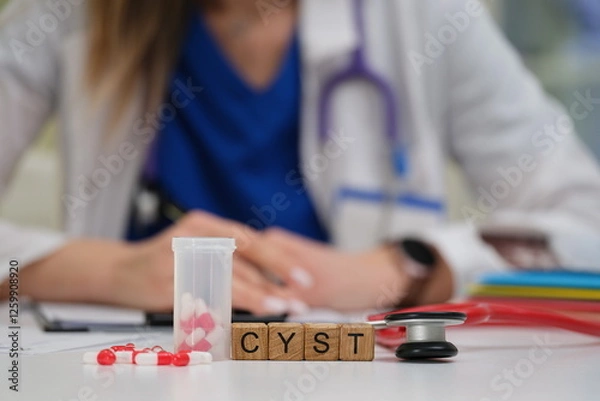 Obraz A healthcare professional examines treatment options for cysts, considering medication and specialized tools