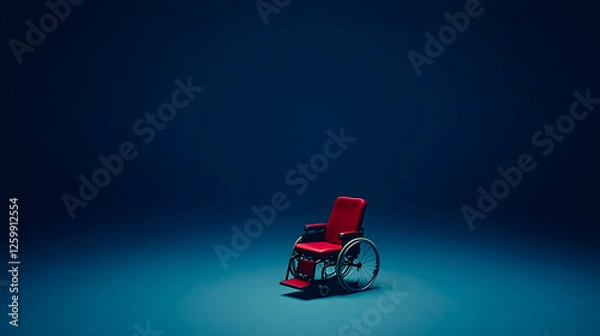 Obraz Solitude in a Crimson Chair: A Contemplative Wheelchair in a Dark Blue Room