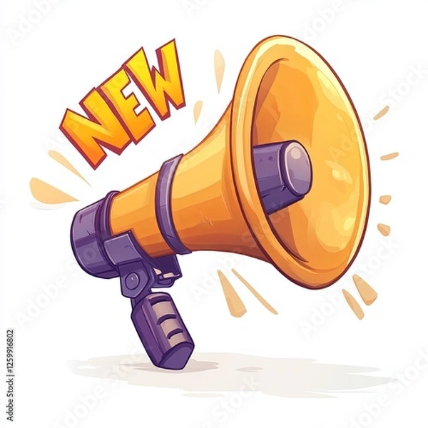 Obraz Yellow megaphone with new text in bold comic style, digital illustration with dynamic effect and white background