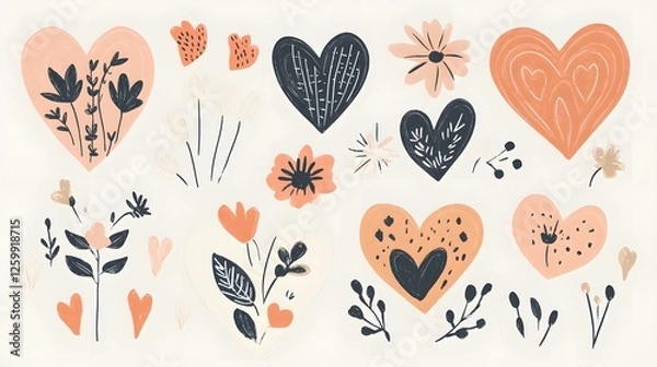 Fototapeta Heart and floral doodles create a whimsical pattern design