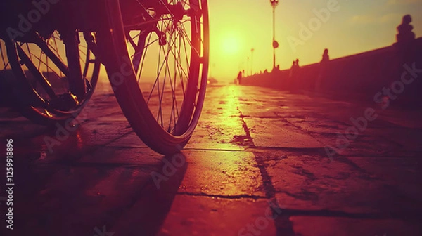 Obraz Sunset Wheelchair Silhouette on Cobblestone Path